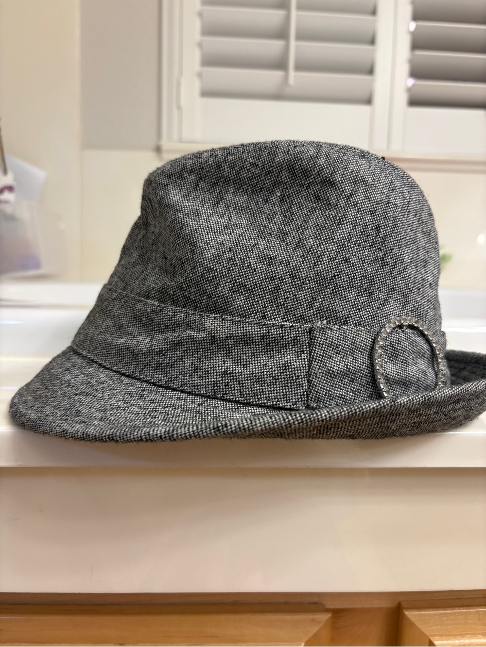 Gray Tweed Bucket Fedora Hat with Decorative Buckle